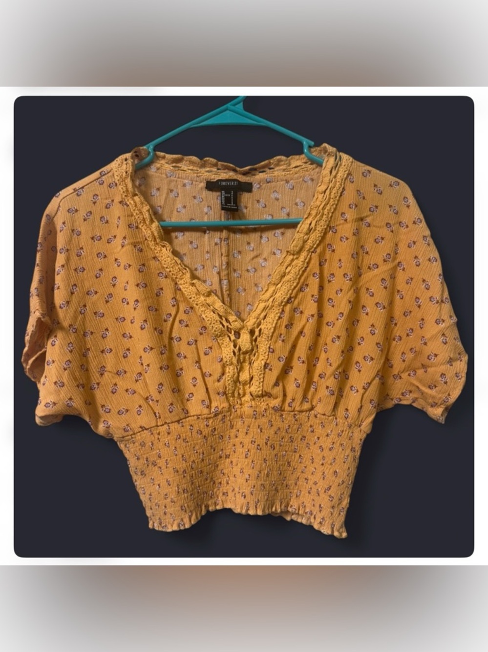 Forever 21 Mustard Yellow Floral Smocked V-Neck Crop Top